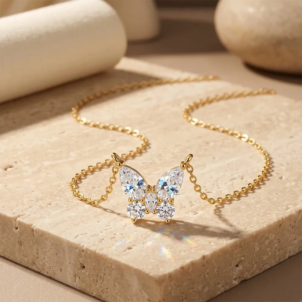 MEETMAY | Butterfly-Cut Moissanite Pendant Necklace – S925 Sterling Silver 14K Gold Plated, D-Color