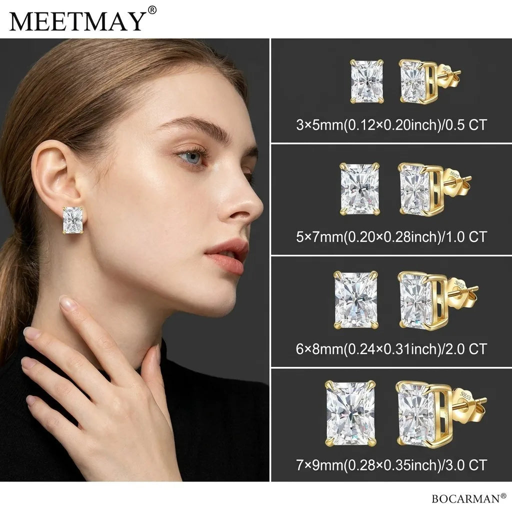 MEETMAY | Radiant-Cut Moissanite Stud Earrings – S925 Sterling Silver 18K Gold Plated, GRA Certified