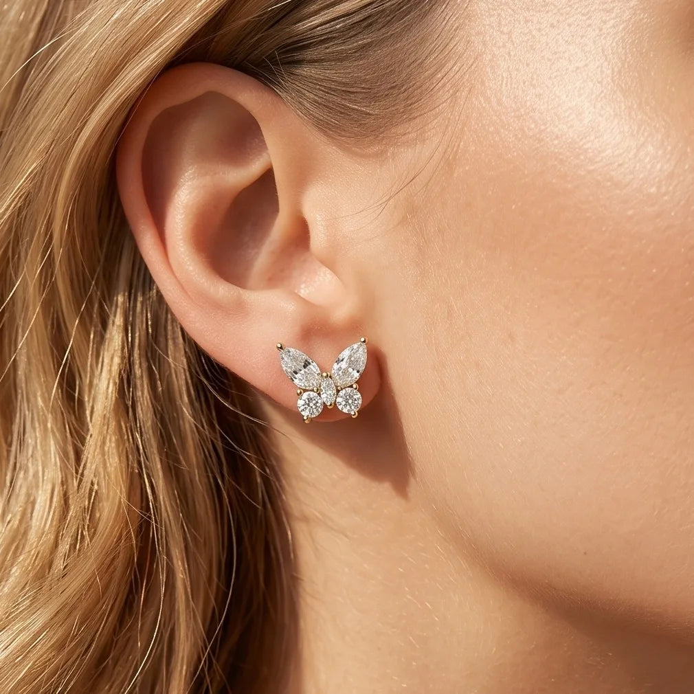 MEETMAY | Butterfly-Cut Moissanite Stud Earrings – S925 Sterling Silver 14K Gold Plated, D-Color