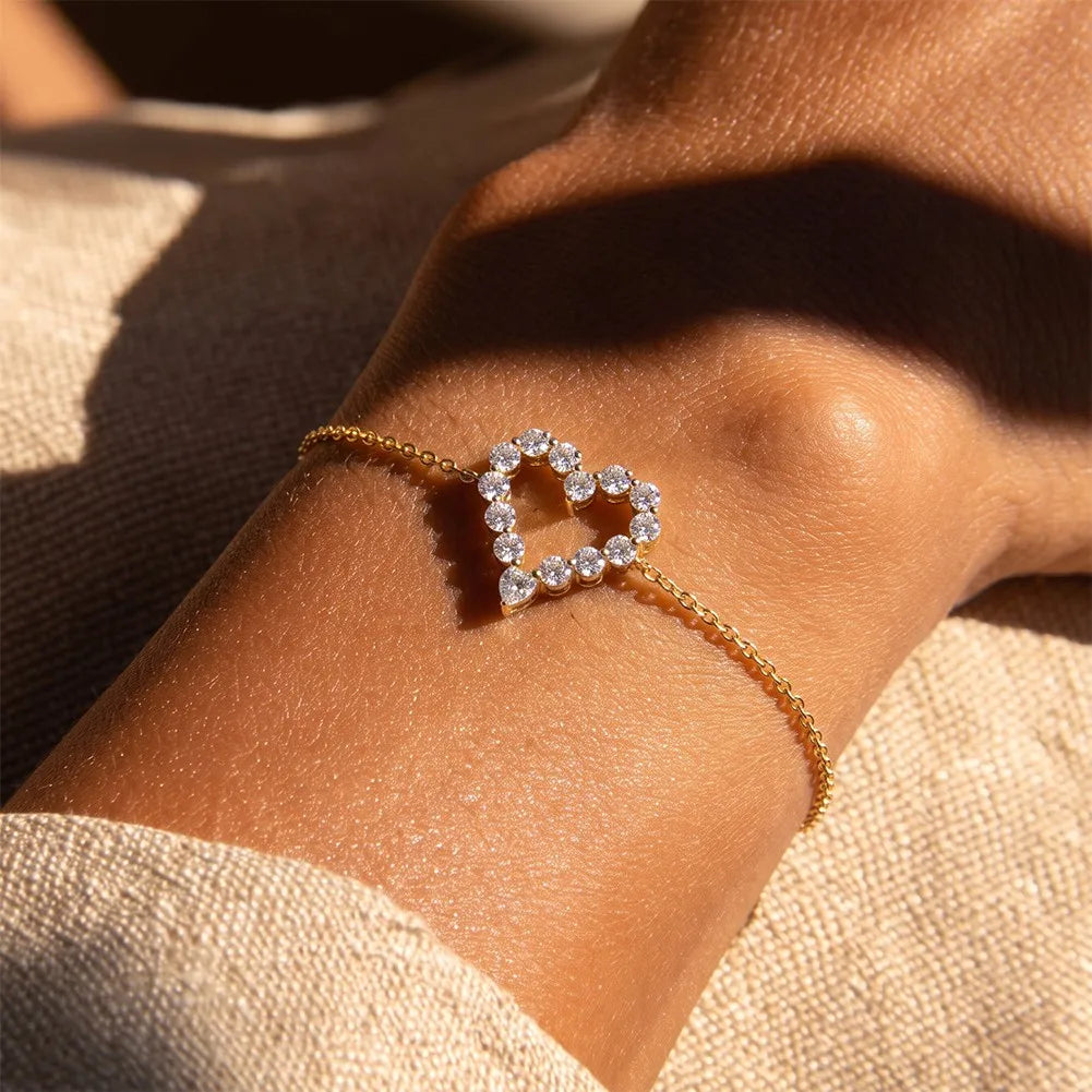 MEETMAY | Heart-Cut Moissanite Bracelet – S925 Sterling Silver 14K Gold Plated, D-Color