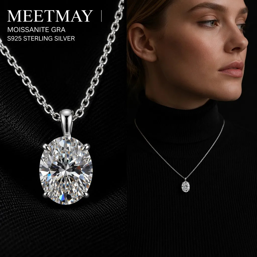 MEETMAY | Oval-Cut Moissanite Pendant Necklace – S925 Sterling Silver 18K Gold Plated, D-Color