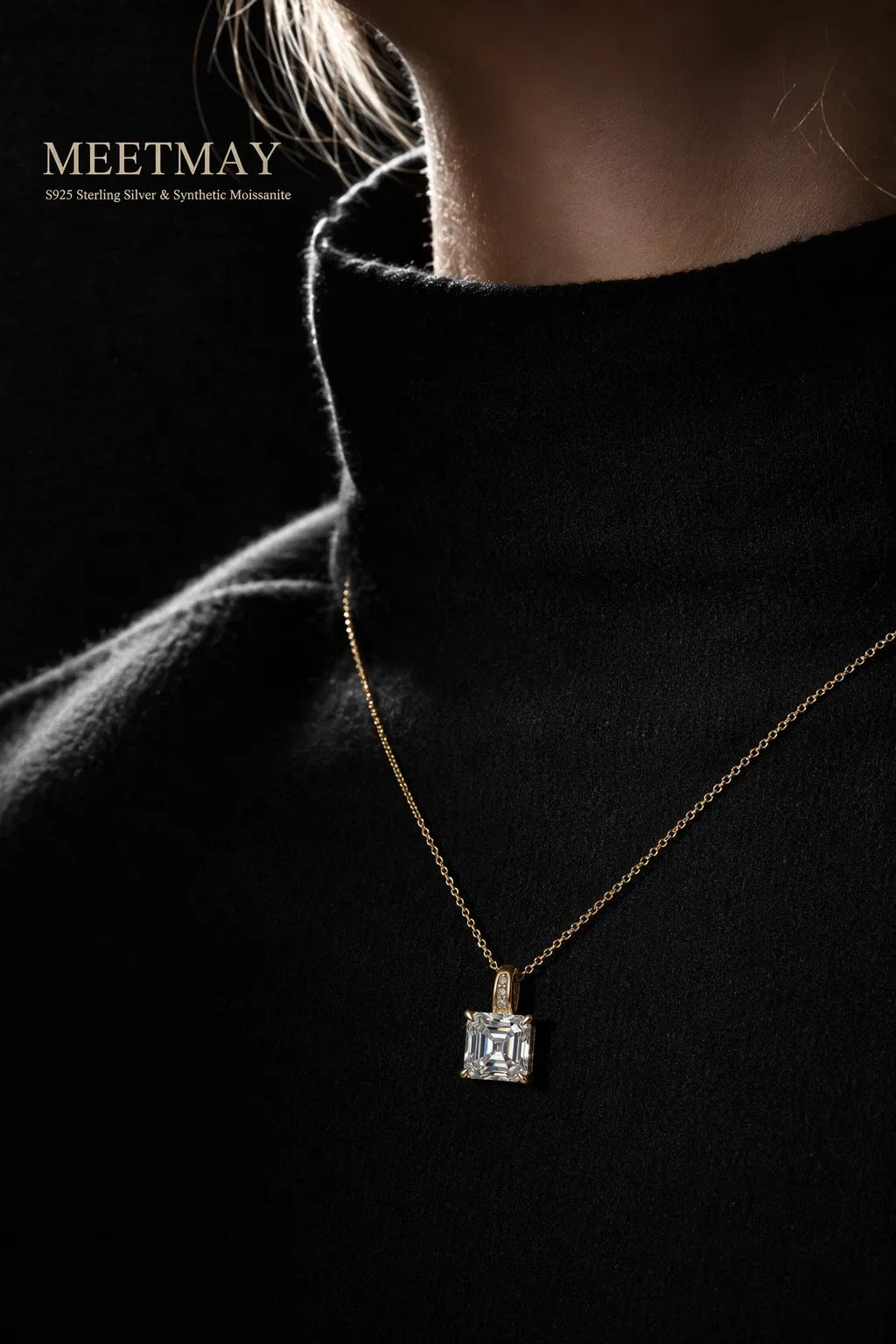 MEETMAY | Asscher-Cut Moissanite Pendant Necklace – S925 Sterling Silver 18K Gold Plated, D-Color
