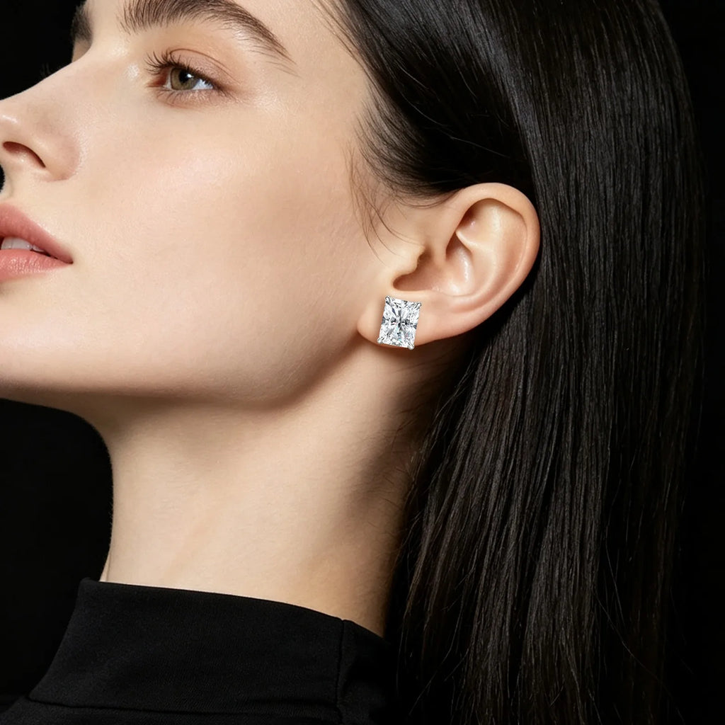 MEETMAY | Radiant-Cut Moissanite Stud Earrings – S925 Sterling Silver 18K Gold Plated, GRA Certified