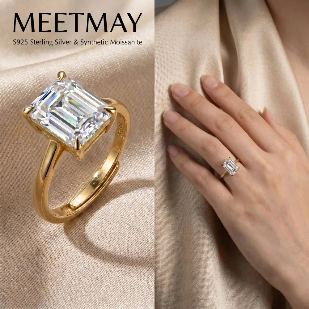 MEETMAY | Emerald-Cut Moissanite Adjustable Ring – S925 Sterling Silver 18K Gold Plated, D-Color