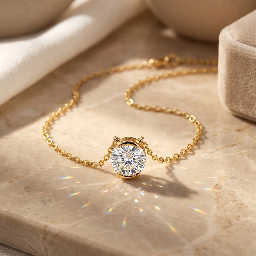 MEETMAY | Round-Cut Moissanite Solitaire Pendant Necklace – S925 Sterling Silver 14K Gold Plated, D-Color