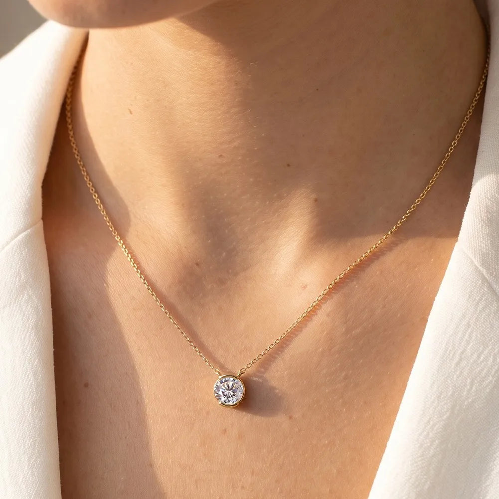 MEETMAY | Round-Cut Moissanite Solitaire Pendant Necklace – S925 Sterling Silver 14K Gold Plated, D-Color