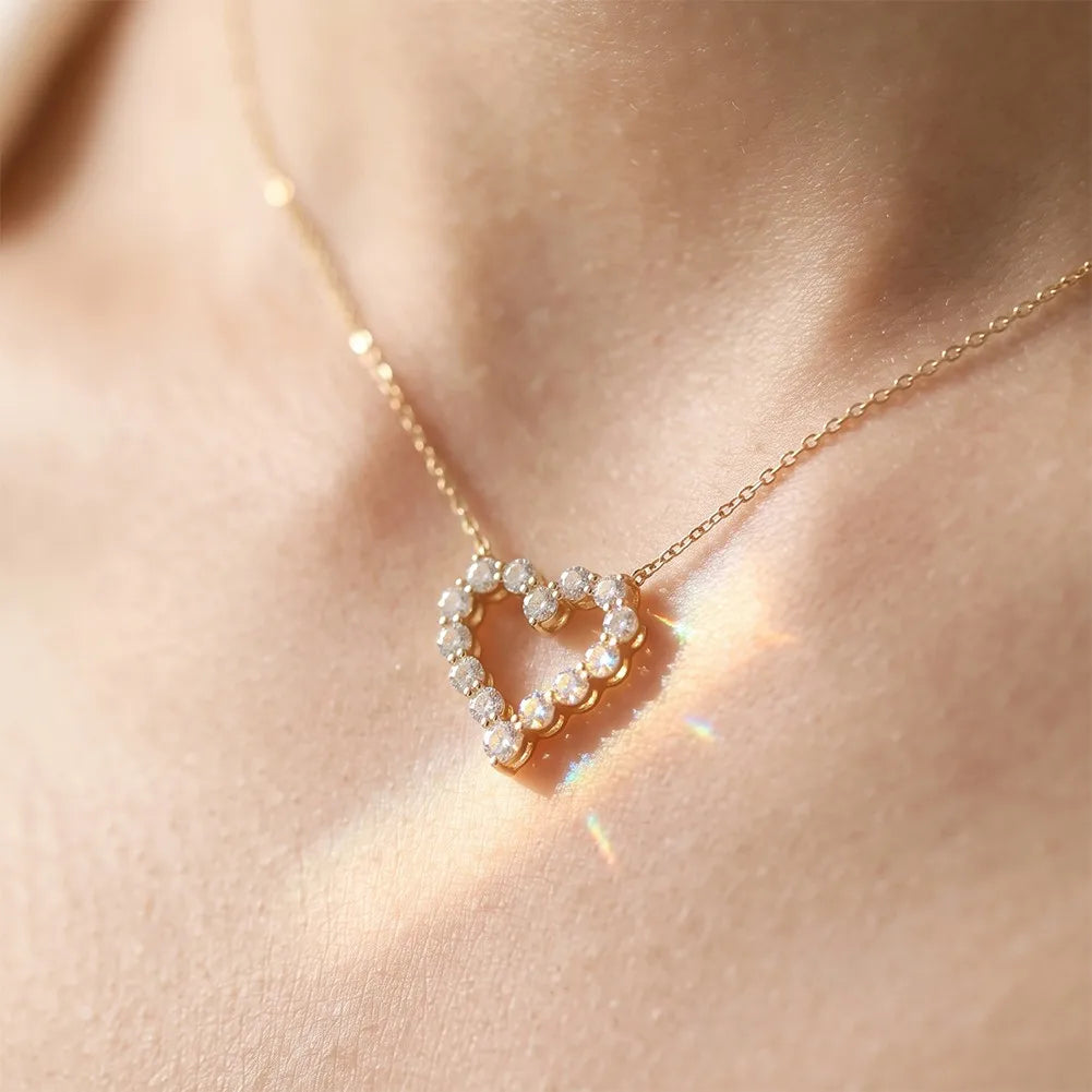 MEETMAY | Heart-Cut Moissanite Pendant Necklace – S925 Sterling Silver 14K Gold Plated, D-Color