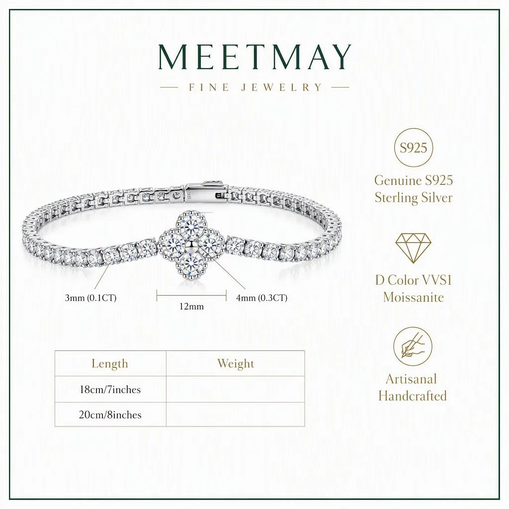 MEETMAY | Clover Moissanite Bracelet – S925 Sterling Silver 14K Gold Plated, D-Color