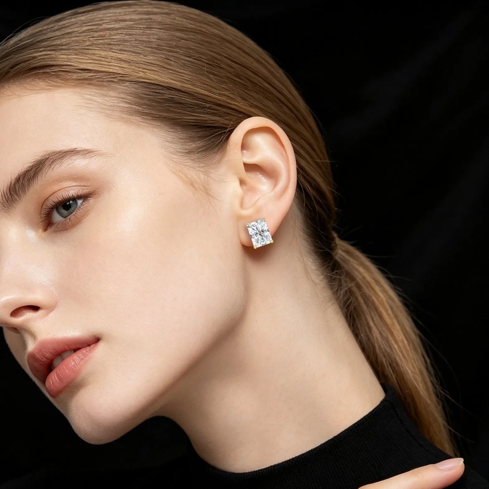 MEETMAY | Radiant-Cut Moissanite Stud Earrings – S925 Sterling Silver 18K Gold Plated, GRA Certified