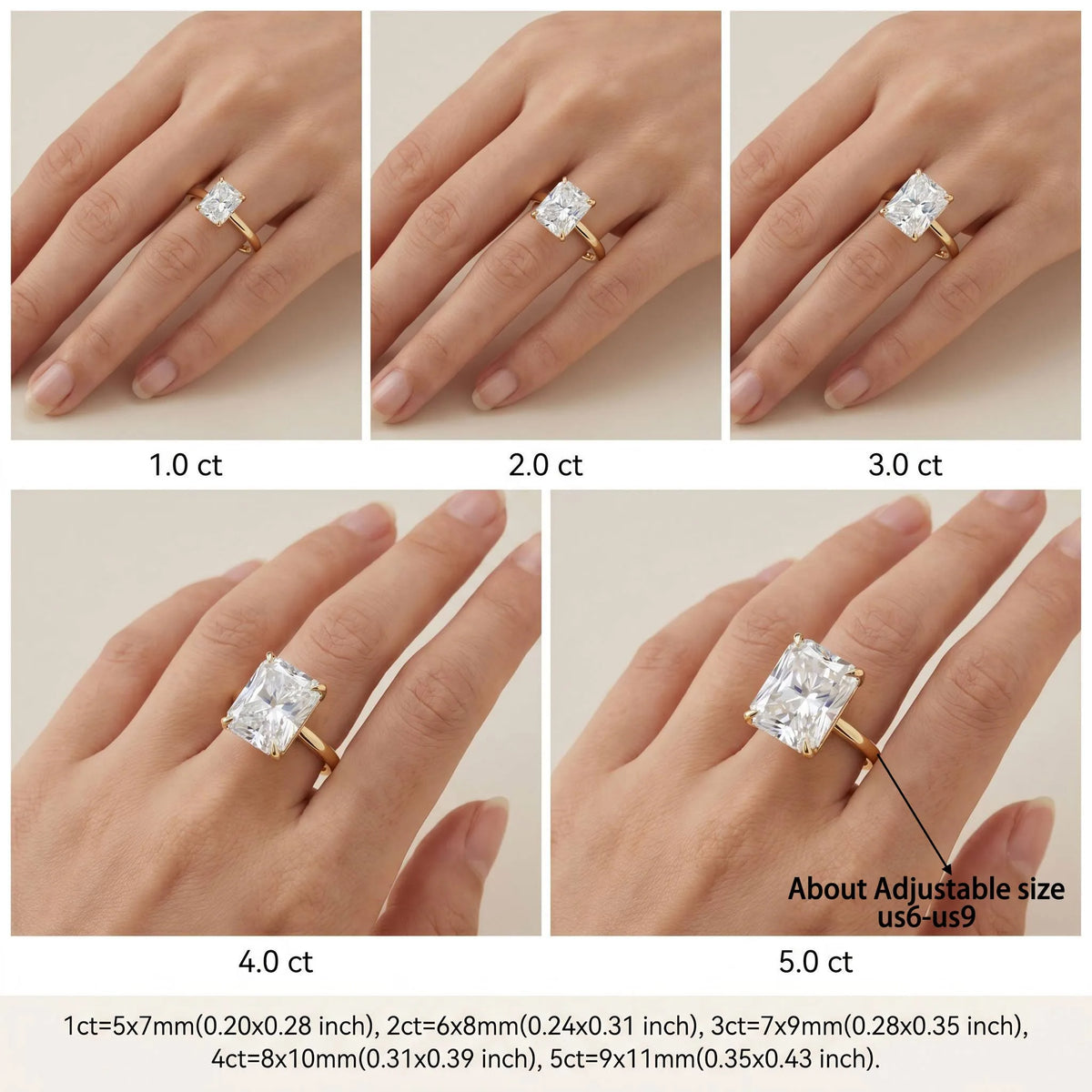 MEETMAY | Radiant-Cut Moissanite Adjustable Ring – S925 Sterling Silver 18K Gold Plated, D-Color