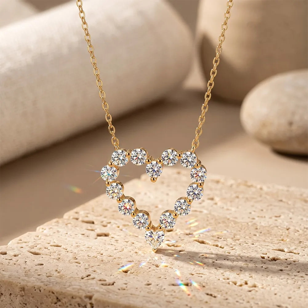 MEETMAY | Heart-Cut Moissanite Pendant Necklace – S925 Sterling Silver 14K Gold Plated, D-Color