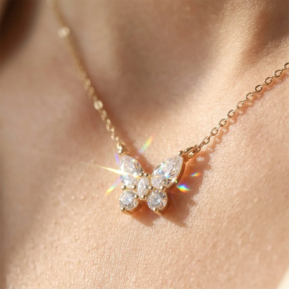 MEETMAY | Butterfly-Cut Moissanite Pendant Necklace – S925 Sterling Silver 14K Gold Plated, D-Color