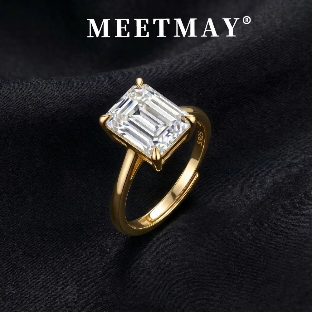 MEETMAY | Emerald-Cut Moissanite Adjustable Ring – S925 Sterling Silver 18K Gold Plated, D-Color