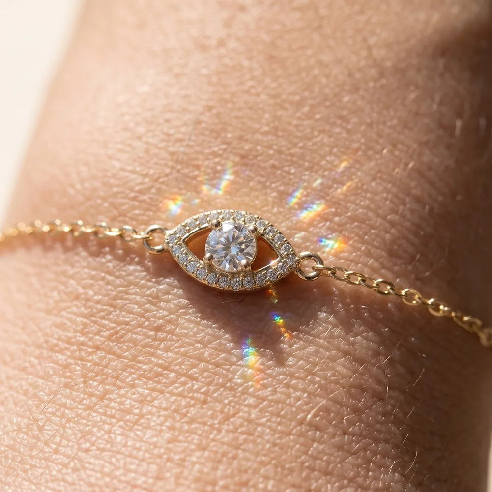 MEETMAY | Evil Eye Moissanite Bracelet – S925 Sterling Silver 14K Gold Plated, D-Color