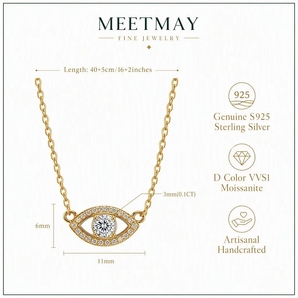 MEETMAY | Evil Eye Moissanite Pendant Necklace – S925 Sterling Silver 14K Gold Plated, D-Color