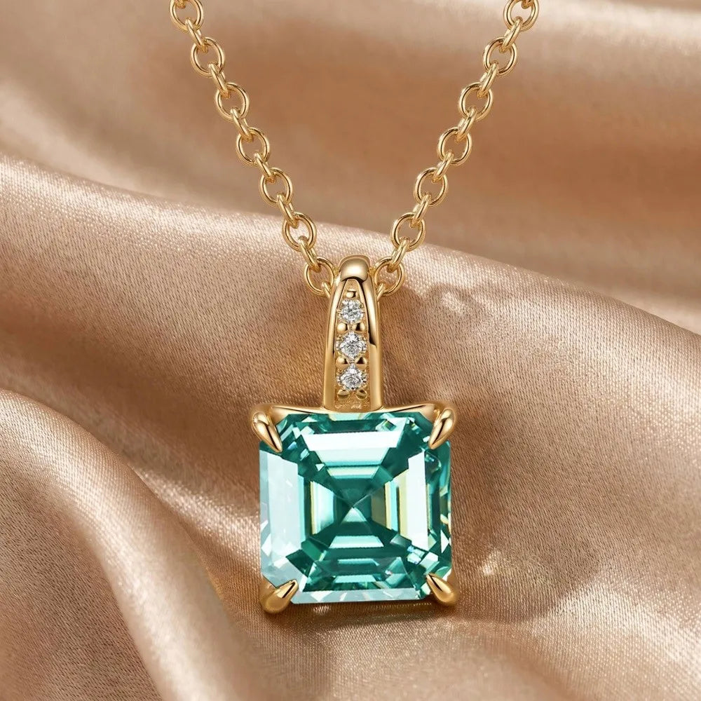 MEETMAY | Colorful Asscher-Cut Moissanite Pendant Necklace – S925 Sterling Silver 18K Gold Plated, GRA Certified