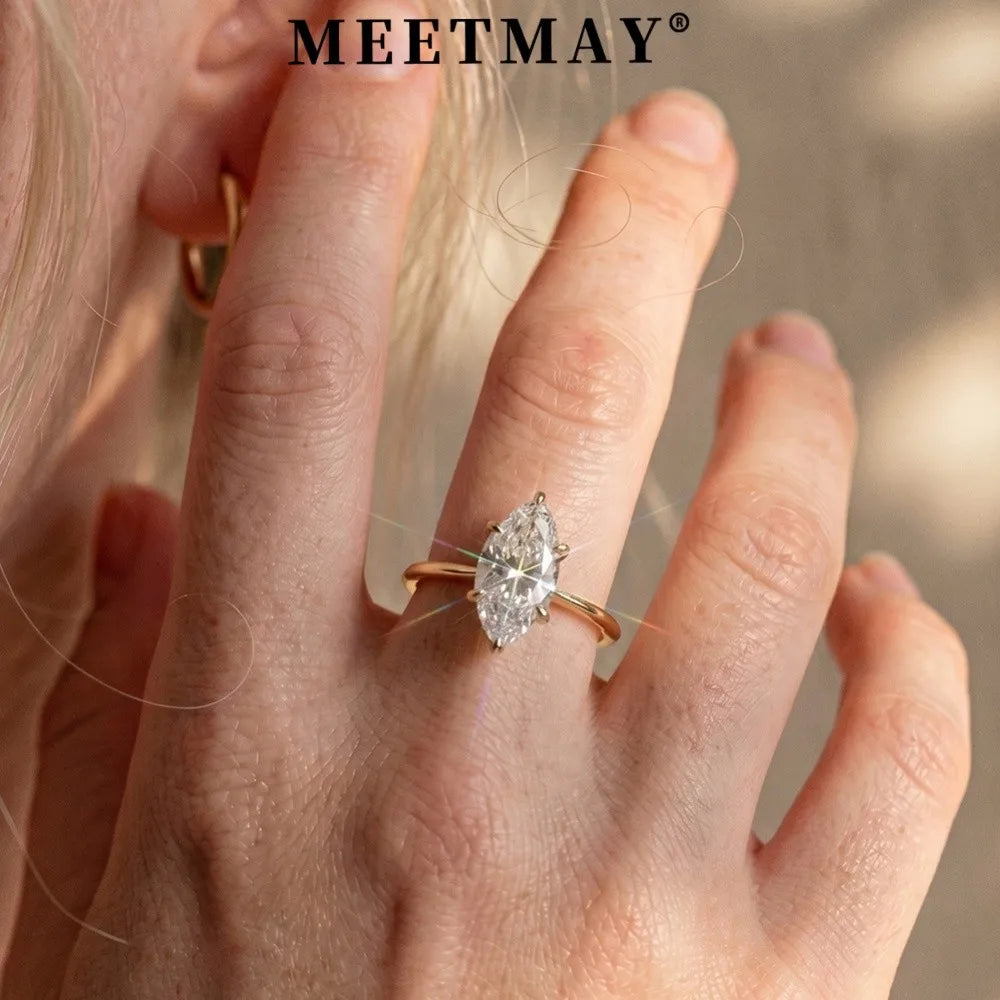 MEETMAY | Marquise-Cut Moissanite Adjustable Ring – S925 Sterling Silver 18K Gold Plated, D-Color
