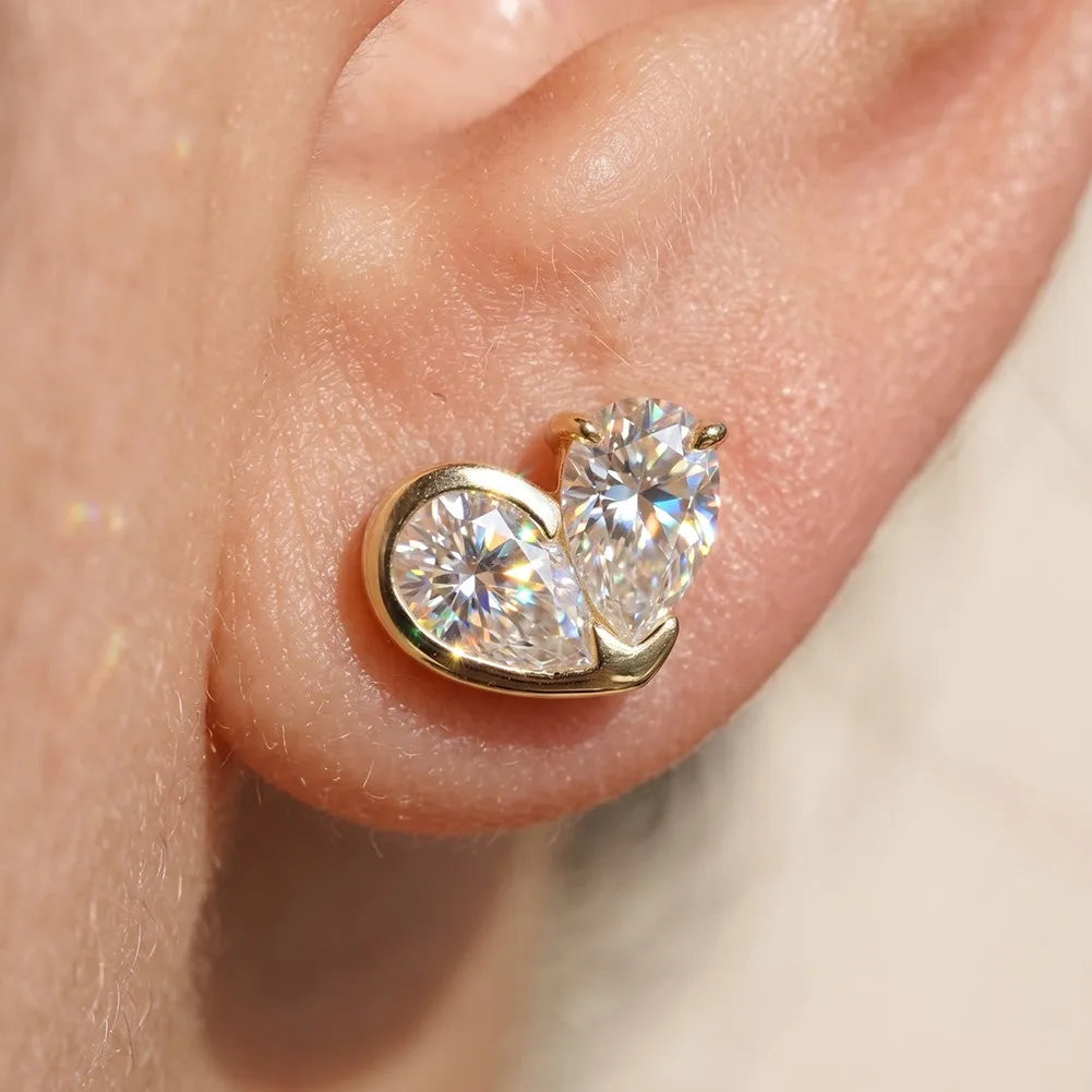 MEETMAY | Double Pear-Cut Moissanite Stud Earrings – S925 Sterling Silver 14K Gold Plated, D-Color