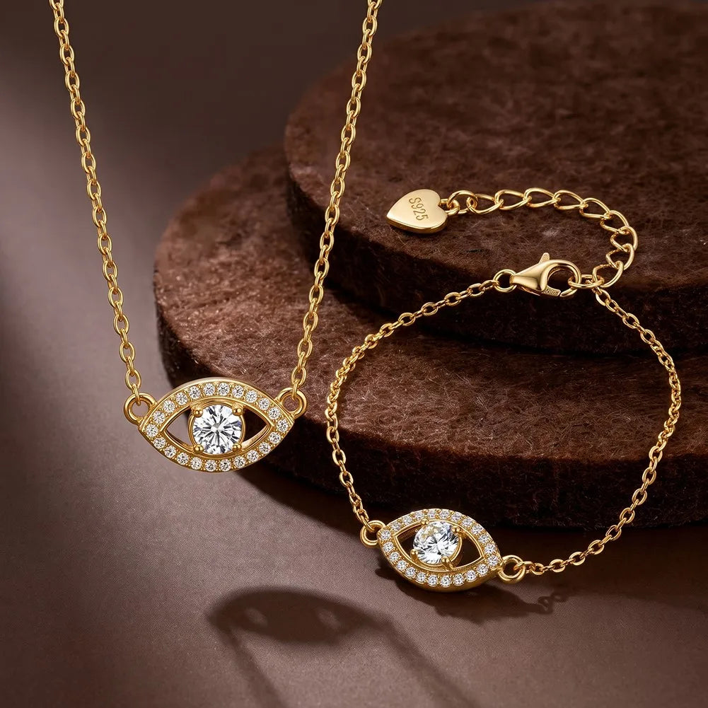 MEETMAY | Evil Eye Moissanite Pendant Necklace – S925 Sterling Silver 14K Gold Plated, D-Color