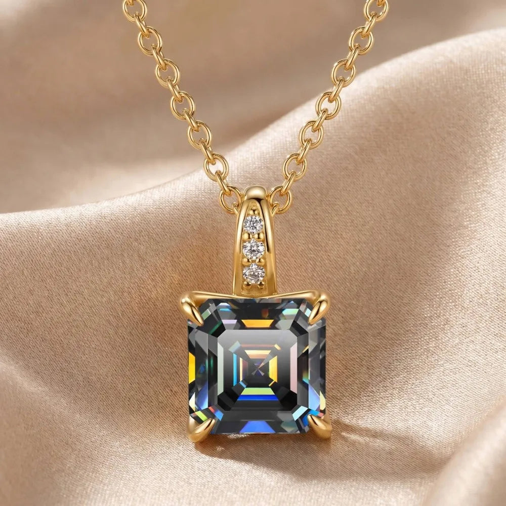 MEETMAY | Colorful Asscher-Cut Moissanite Pendant Necklace – S925 Sterling Silver 18K Gold Plated, GRA Certified