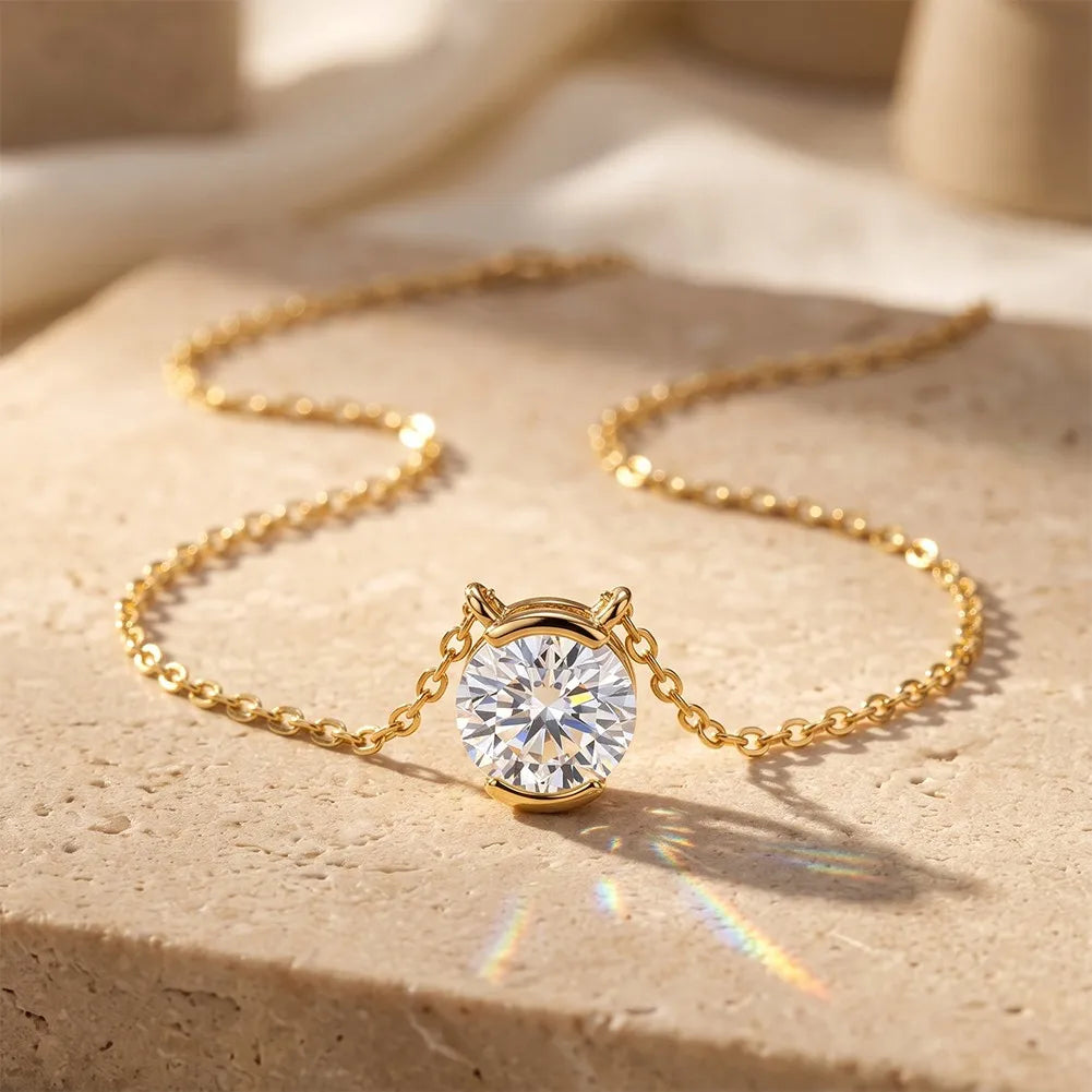 MEETMAY | Round-Cut Moissanite Solitaire Pendant Necklace – S925 Sterling Silver 14K Gold Plated, D-Color