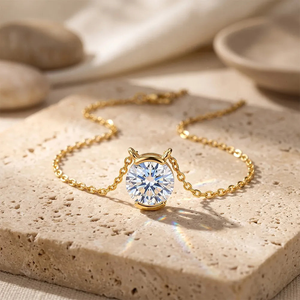 MEETMAY | Round-Cut Moissanite Solitaire Pendant Necklace – S925 Sterling Silver 14K Gold Plated, D-Color