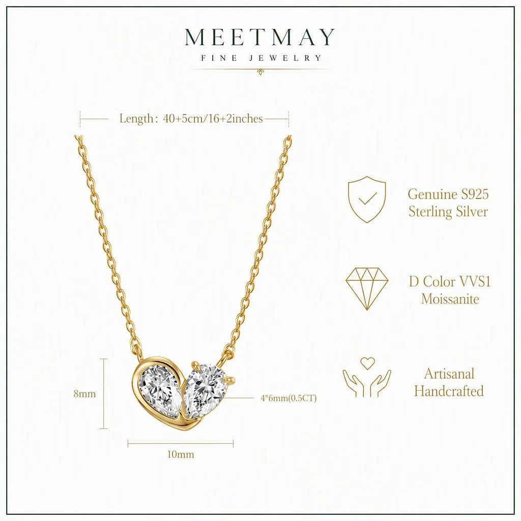MEETMAY | Double Pear-Cut Moissanite Pendant Necklace – S925 Sterling Silver 14K Gold Plated, D-Color