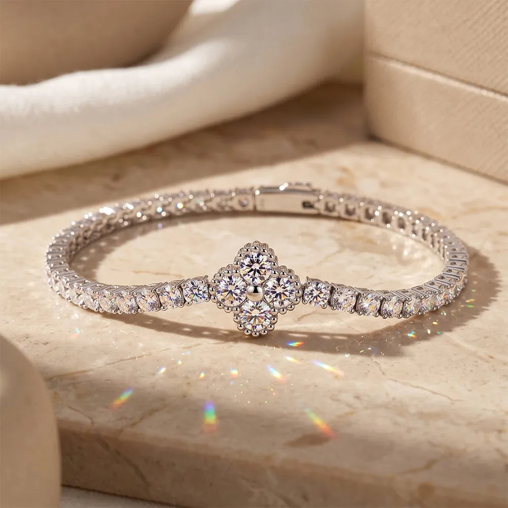 MEETMAY | Clover Moissanite Bracelet – S925 Sterling Silver 14K Gold Plated, D-Color