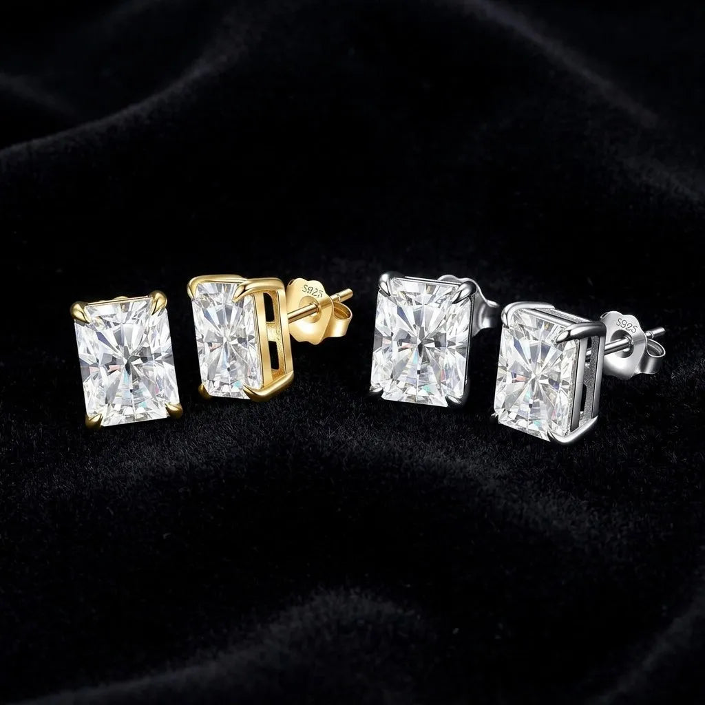 MEETMAY | Radiant-Cut Moissanite Stud Earrings – S925 Sterling Silver 18K Gold Plated, GRA Certified
