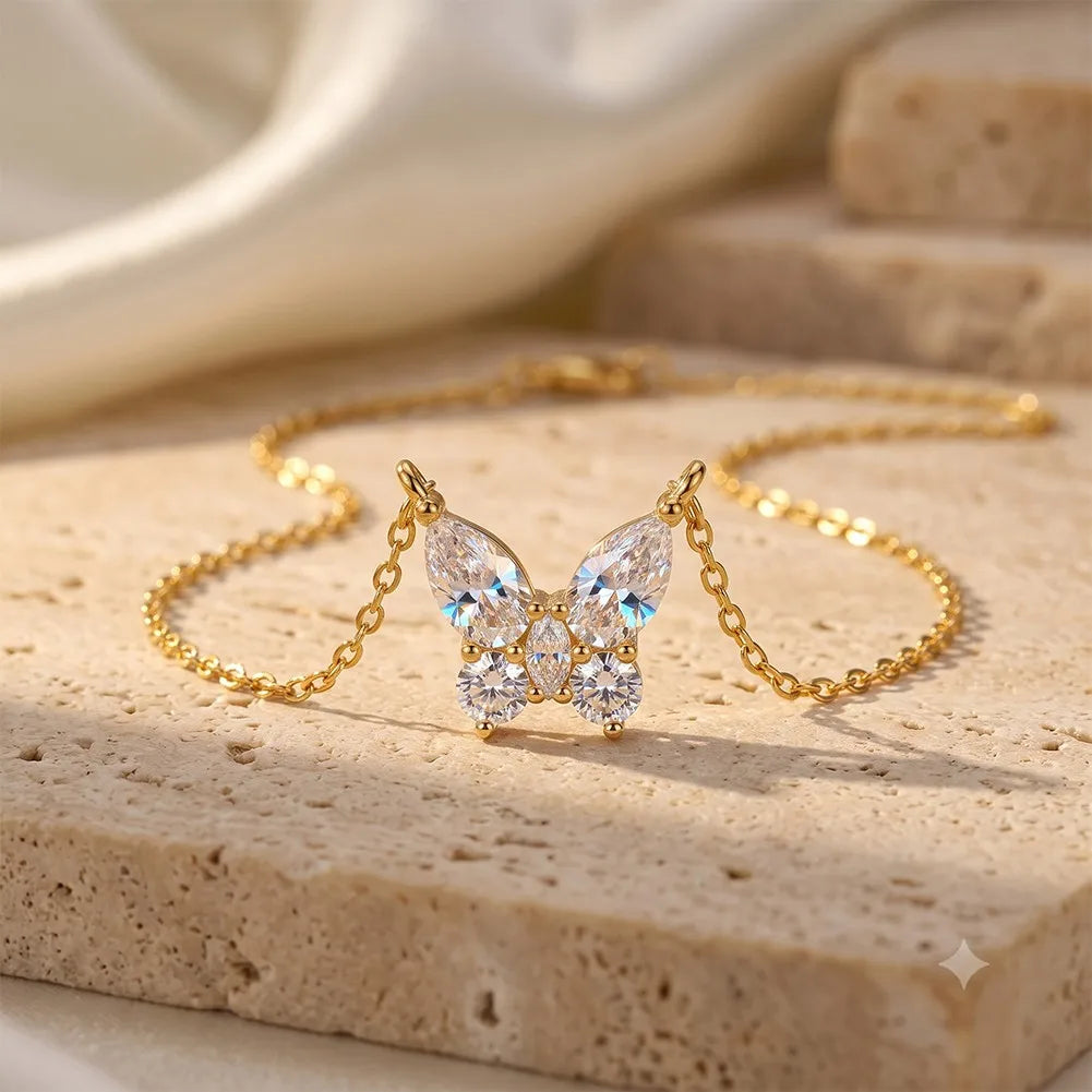 MEETMAY | Butterfly-Cut Moissanite Pendant Necklace – S925 Sterling Silver 14K Gold Plated, D-Color