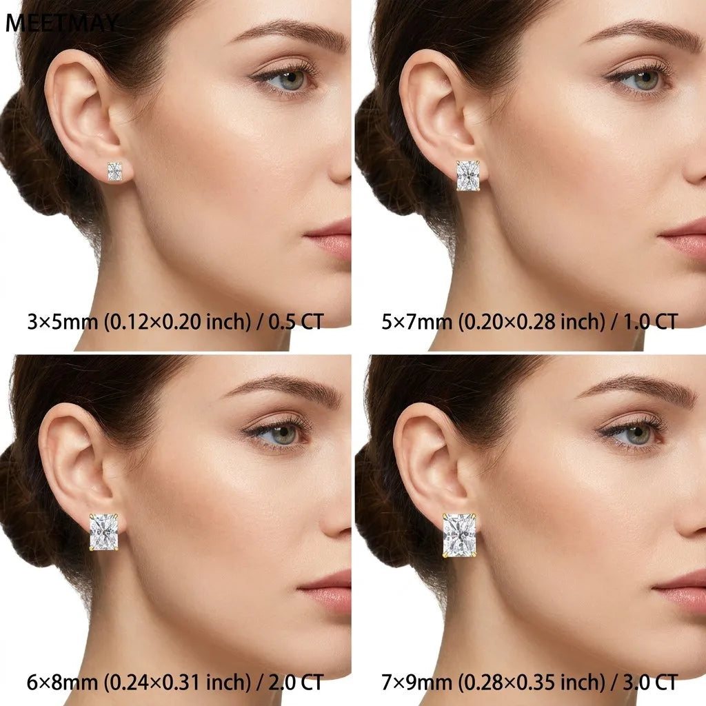 MEETMAY | Radiant-Cut Moissanite Stud Earrings – S925 Sterling Silver 18K Gold Plated, GRA Certified