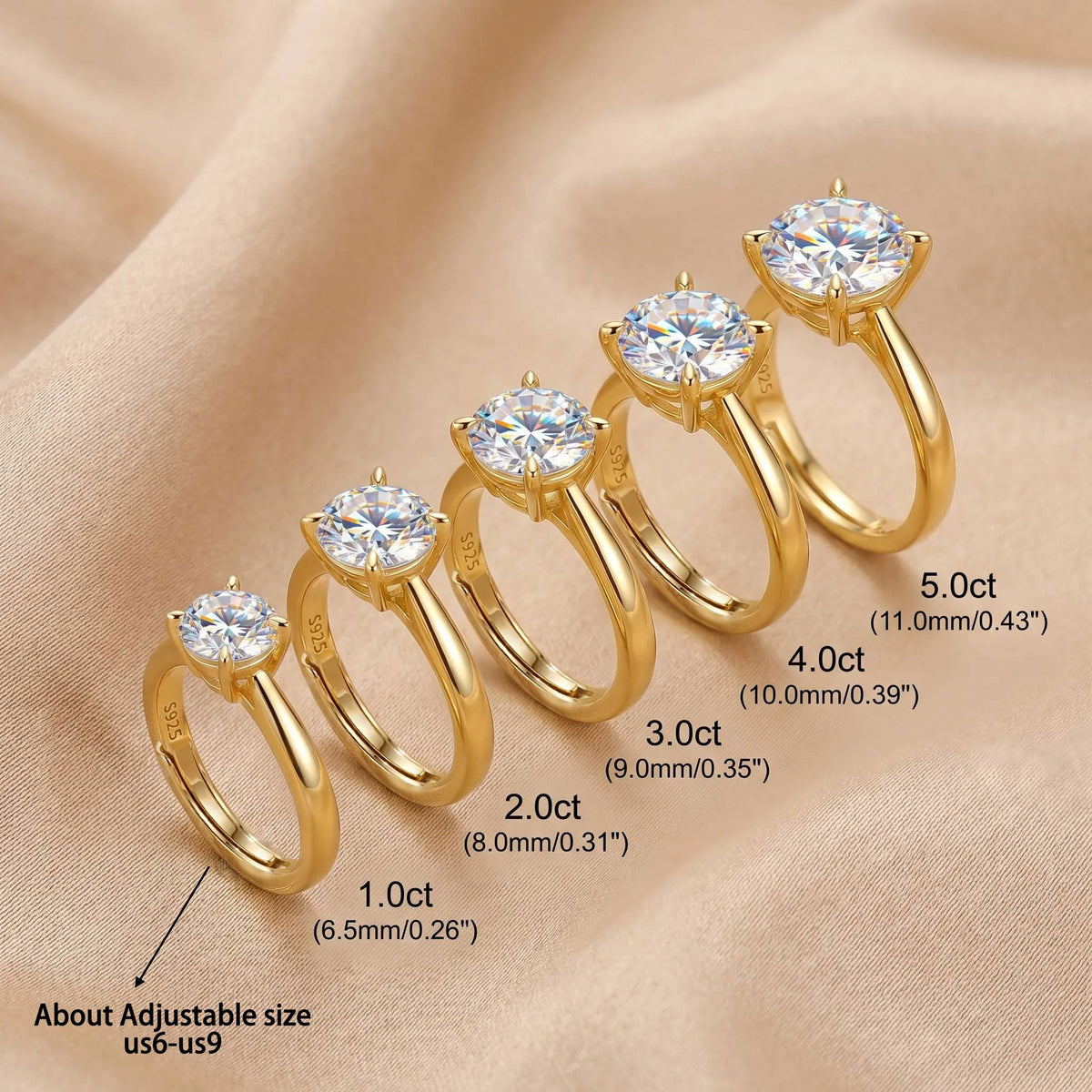 MEETMAY | Round-Cut Moissanite Adjustable Ring – S925 Sterling Silver 18K Gold Plated, D-Color