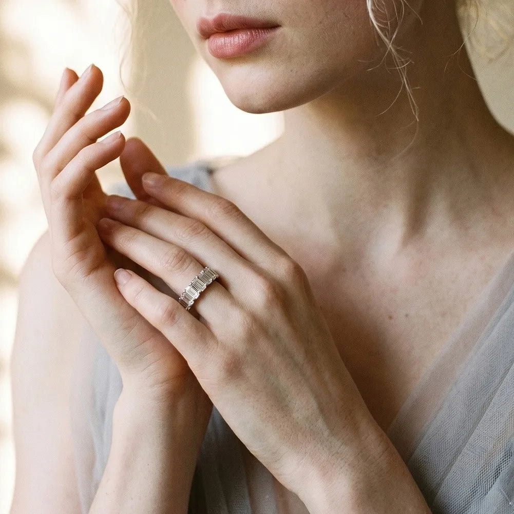 MEETMAY | Emerald-Cut Moissanite Eternity Band Ring – S925 Sterling Silver, D-Color
