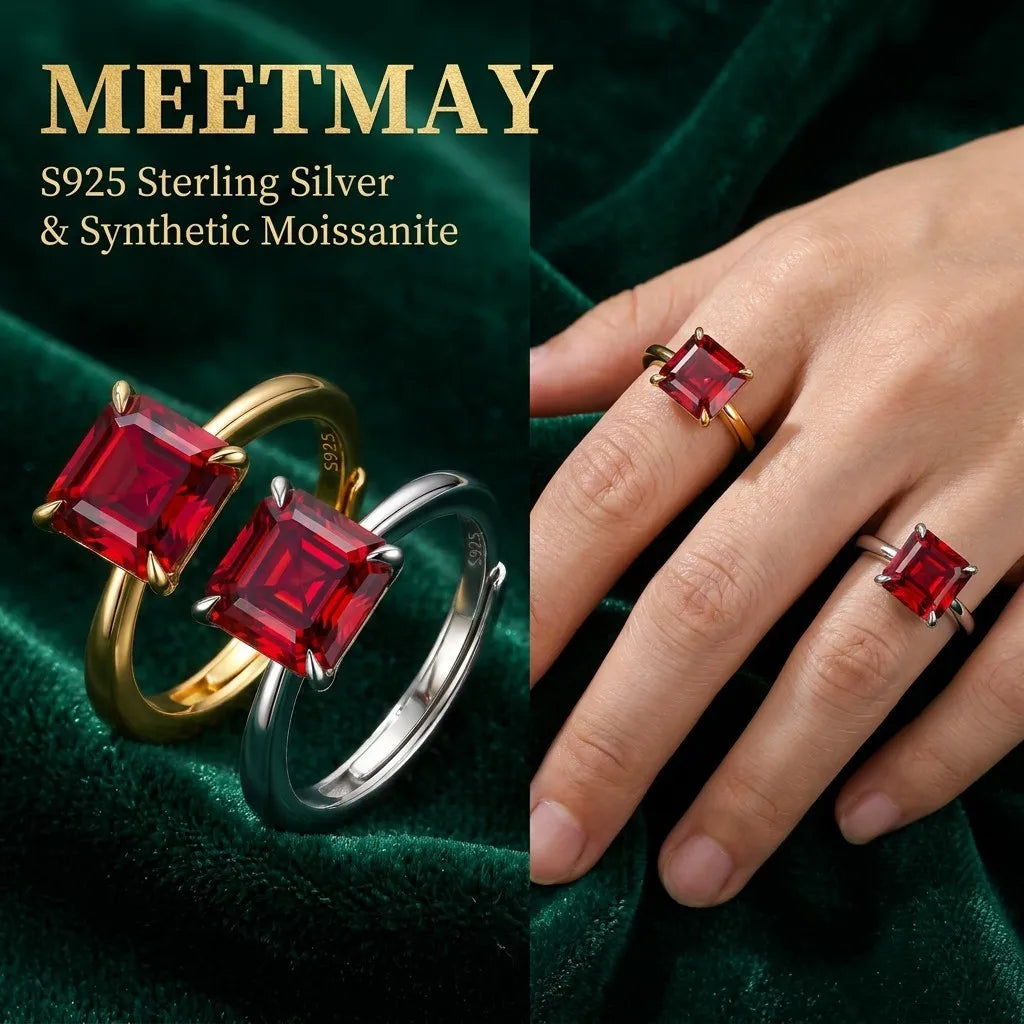 MEETMAY | Colorful Asscher-Cut Moissanite Adjustable Ring – S925 Sterling Silver 18K Gold Plated, GRA Certified