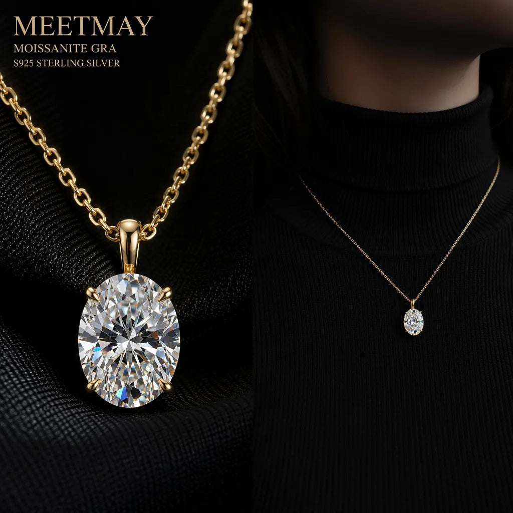 MEETMAY | Oval-Cut Moissanite Pendant Necklace – S925 Sterling Silver 18K Gold Plated, D-Color