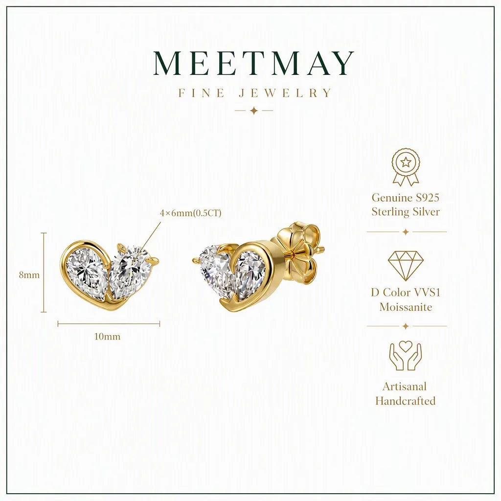 MEETMAY | Double Pear-Cut Moissanite Stud Earrings – S925 Sterling Silver 14K Gold Plated, D-Color