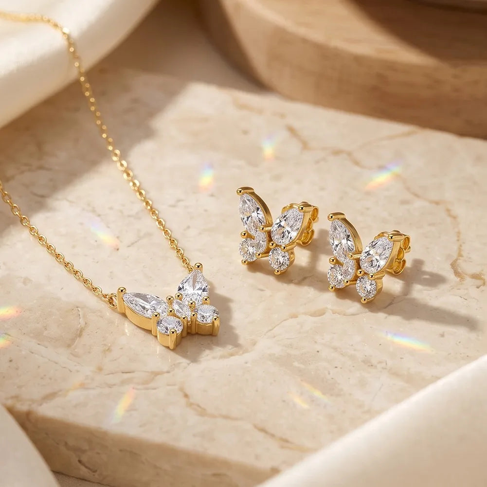 MEETMAY | Butterfly-Cut Moissanite Pendant Necklace – S925 Sterling Silver 14K Gold Plated, D-Color