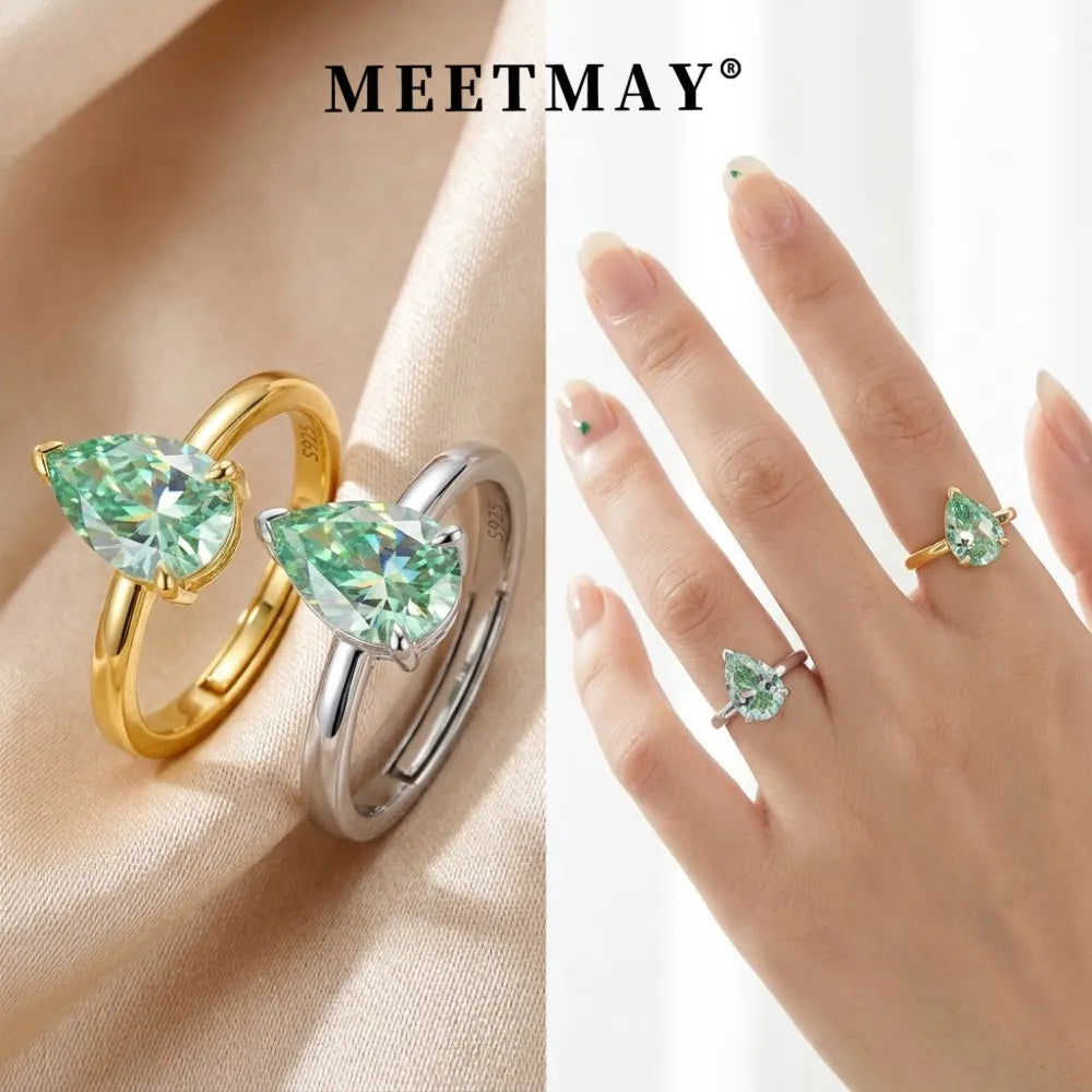 MEETMAY | Colorful Pear-Cut Moissanite Adjustable Ring – S925 Sterling Silver 18K Gold Plated, GRA Certified
