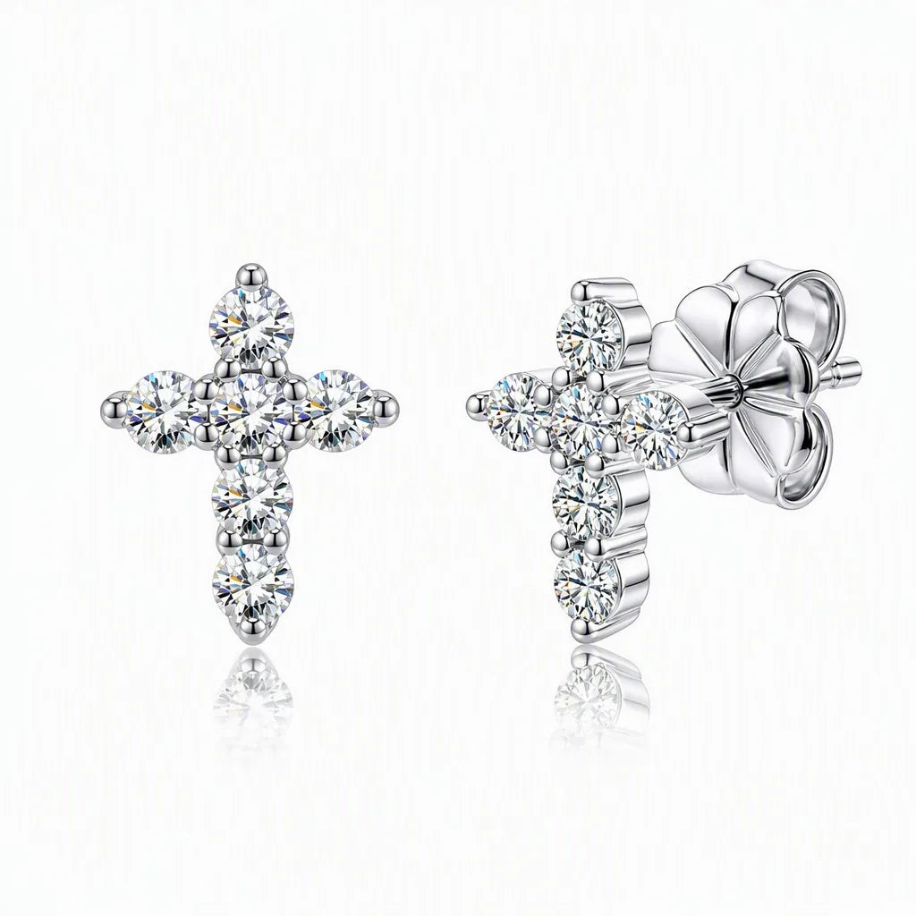 MEETMAY | Cross-Cut Moissanite Stud Earrings – S925 Sterling Silver 14K Gold Plated, D-Color