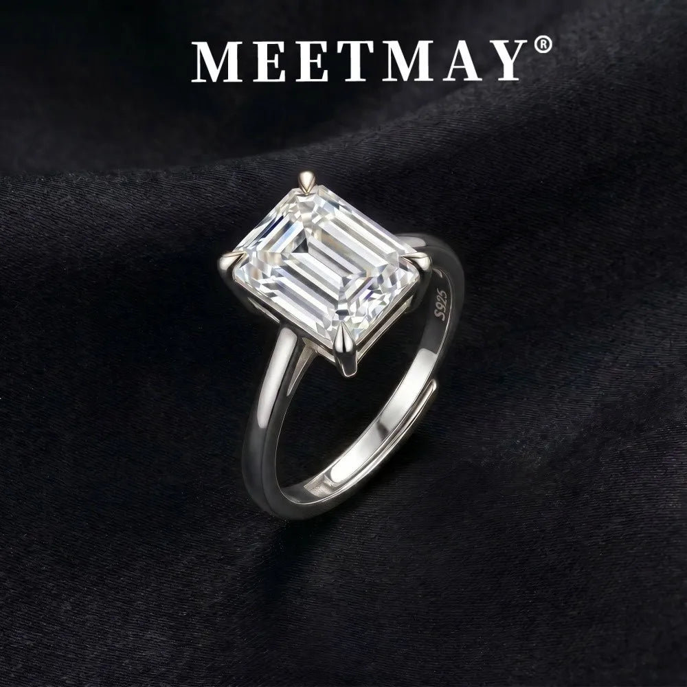MEETMAY | Emerald-Cut Moissanite Adjustable Ring – S925 Sterling Silver 18K Gold Plated, D-Color