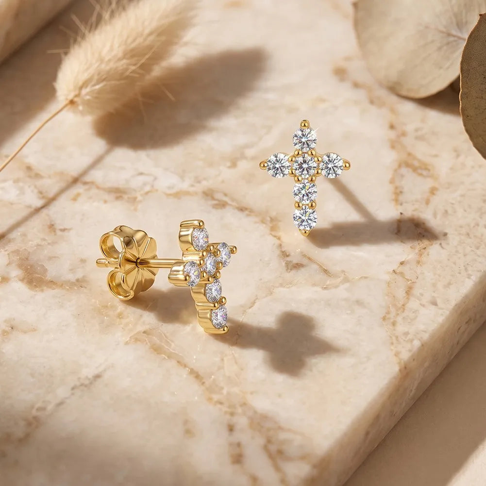 MEETMAY | Cross-Cut Moissanite Stud Earrings – S925 Sterling Silver 14K Gold Plated, D-Color