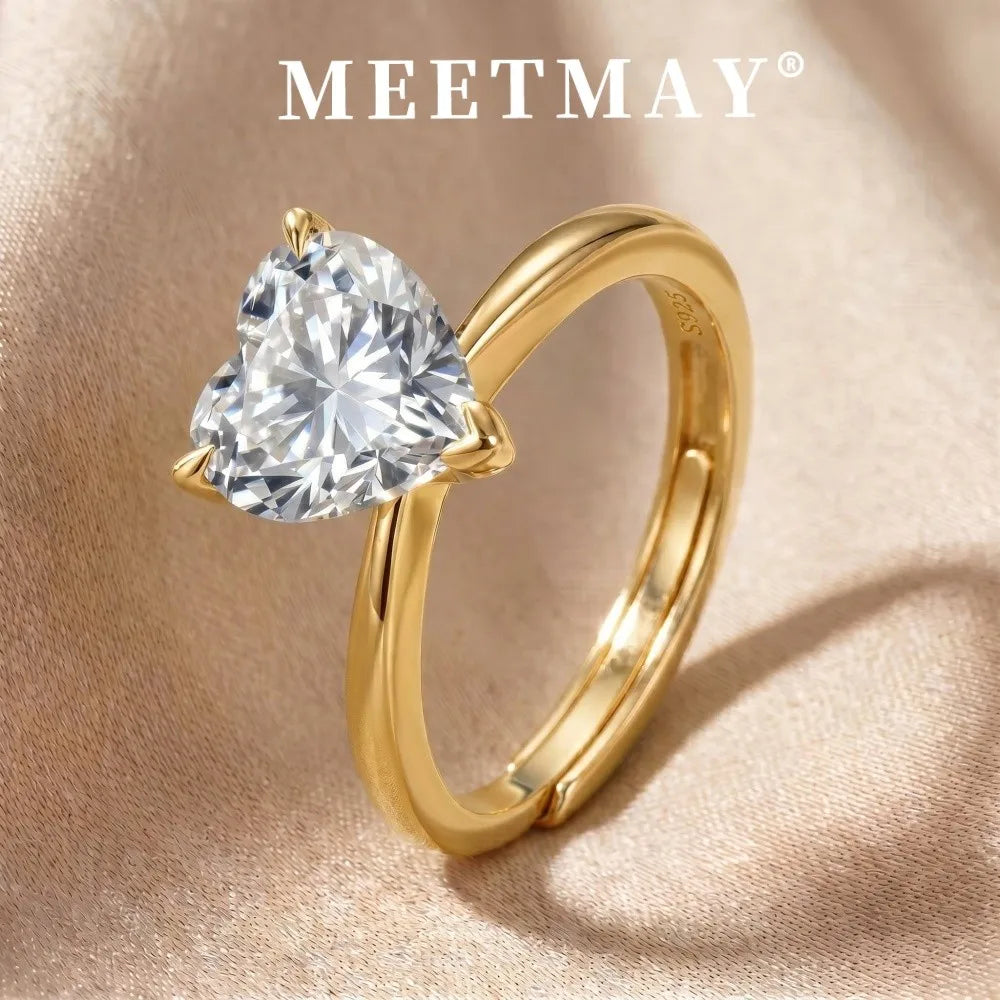 MEETMAY | Heart-Cut Moissanite Adjustable Ring – S925 Sterling Silver 18K Gold Plated, D-Color