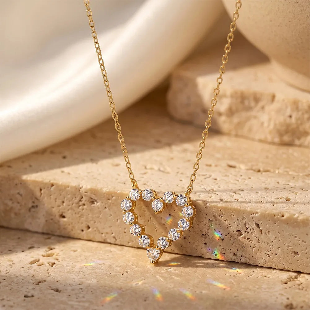 MEETMAY | Heart-Cut Moissanite Pendant Necklace – S925 Sterling Silver 14K Gold Plated, D-Color