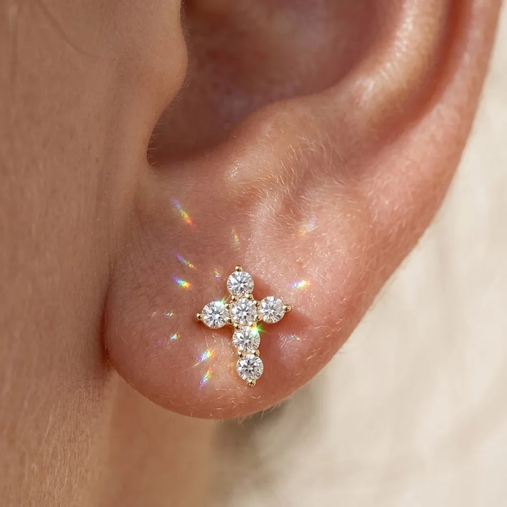 MEETMAY | Cross-Cut Moissanite Stud Earrings – S925 Sterling Silver 14K Gold Plated, D-Color