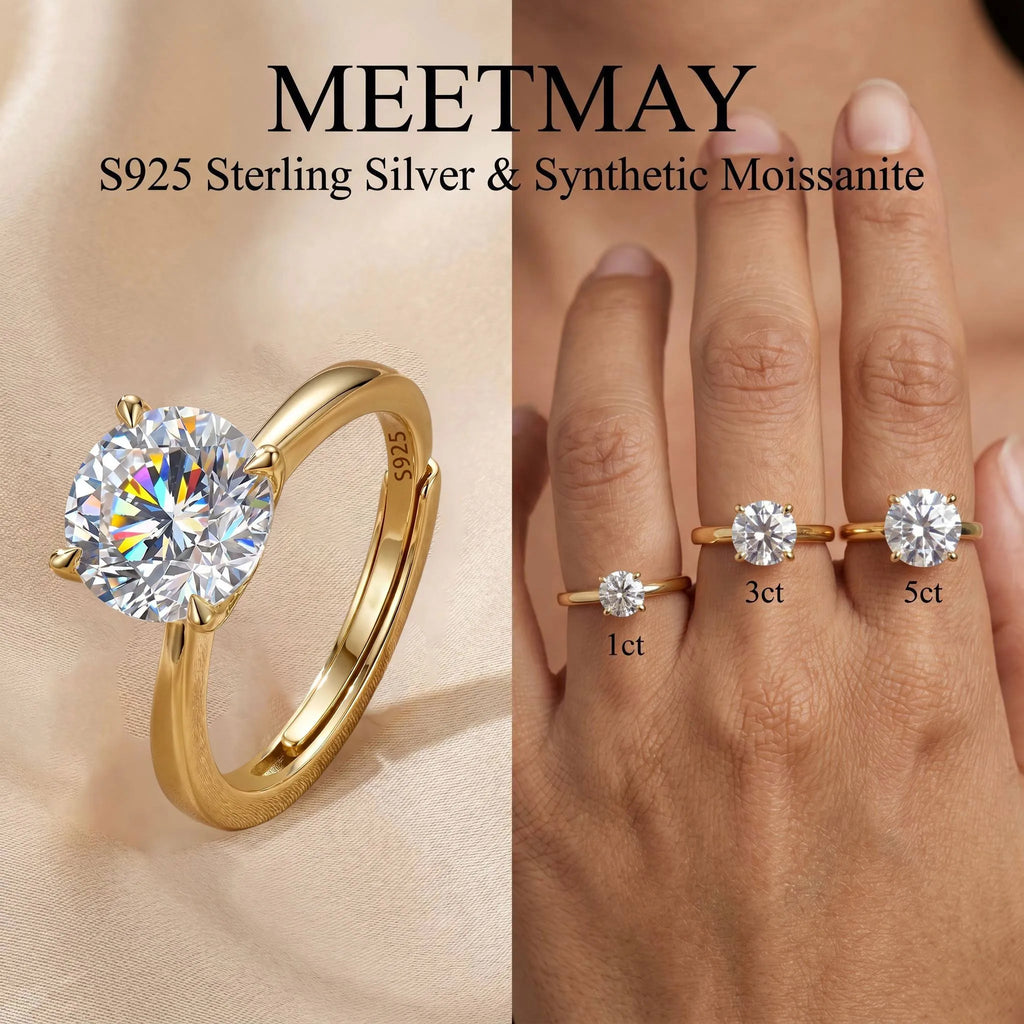 MEETMAY | Round-Cut Moissanite Adjustable Ring – S925 Sterling Silver 18K Gold Plated, D-Color