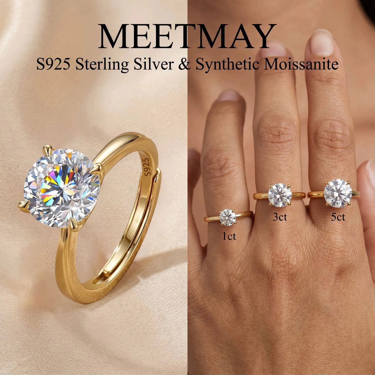 MEETMAY | Round-Cut Moissanite Adjustable Ring – S925 Sterling Silver 18K Gold Plated, D-Color
