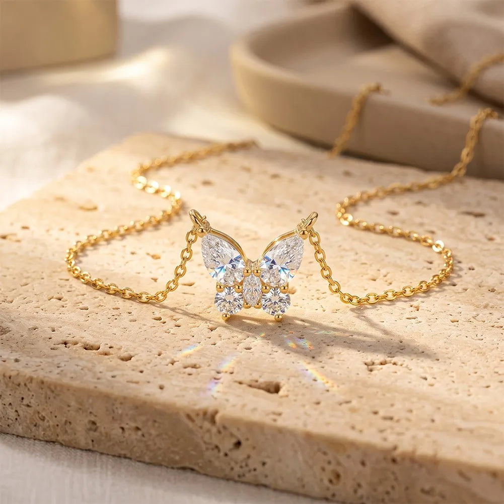 MEETMAY | Butterfly-Cut Moissanite Pendant Necklace – S925 Sterling Silver 14K Gold Plated, D-Color