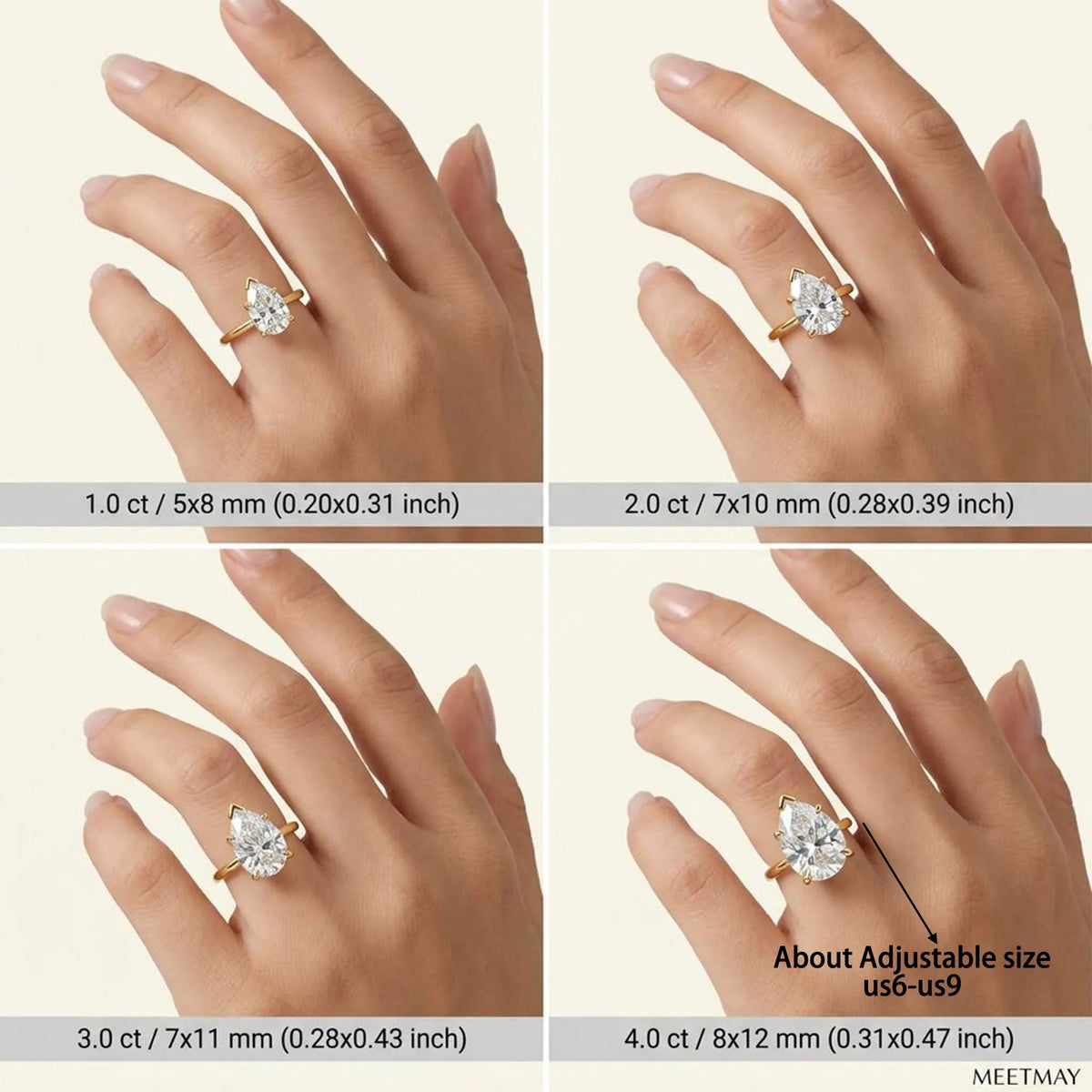 MEETMAY | Pear-Cut Moissanite Adjustable Ring – S925 Sterling Silver 18K Gold Plated, D-Color