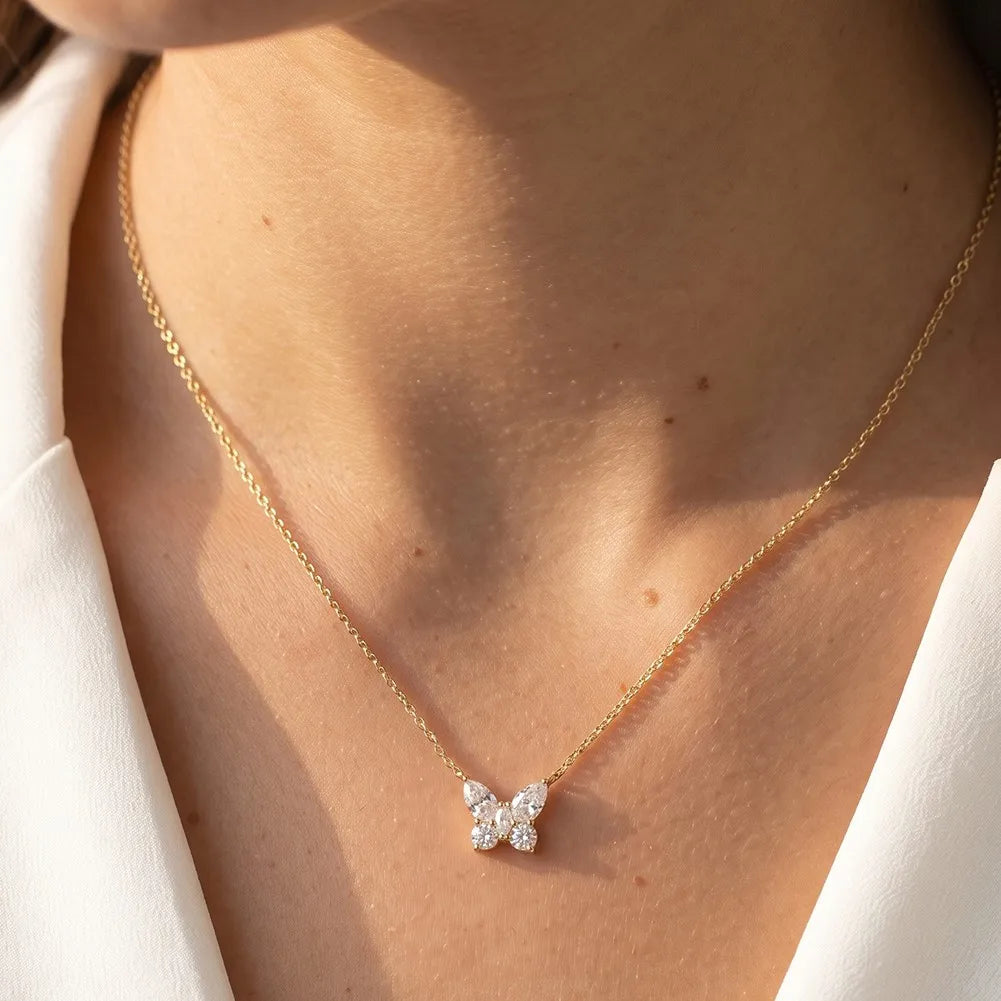 MEETMAY | Butterfly-Cut Moissanite Pendant Necklace – S925 Sterling Silver 14K Gold Plated, D-Color