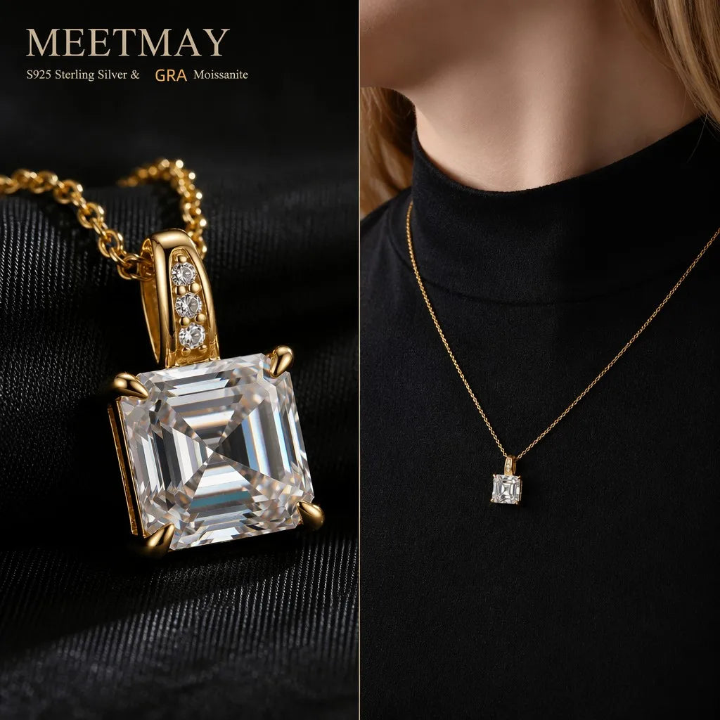 MEETMAY | Asscher-Cut Moissanite Pendant Necklace – S925 Sterling Silver 18K Gold Plated, D-Color